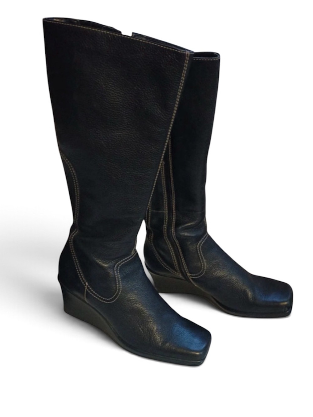 Vintage Y2K Gianni Bini Black Leather Knee High Wedge Boots Size 9